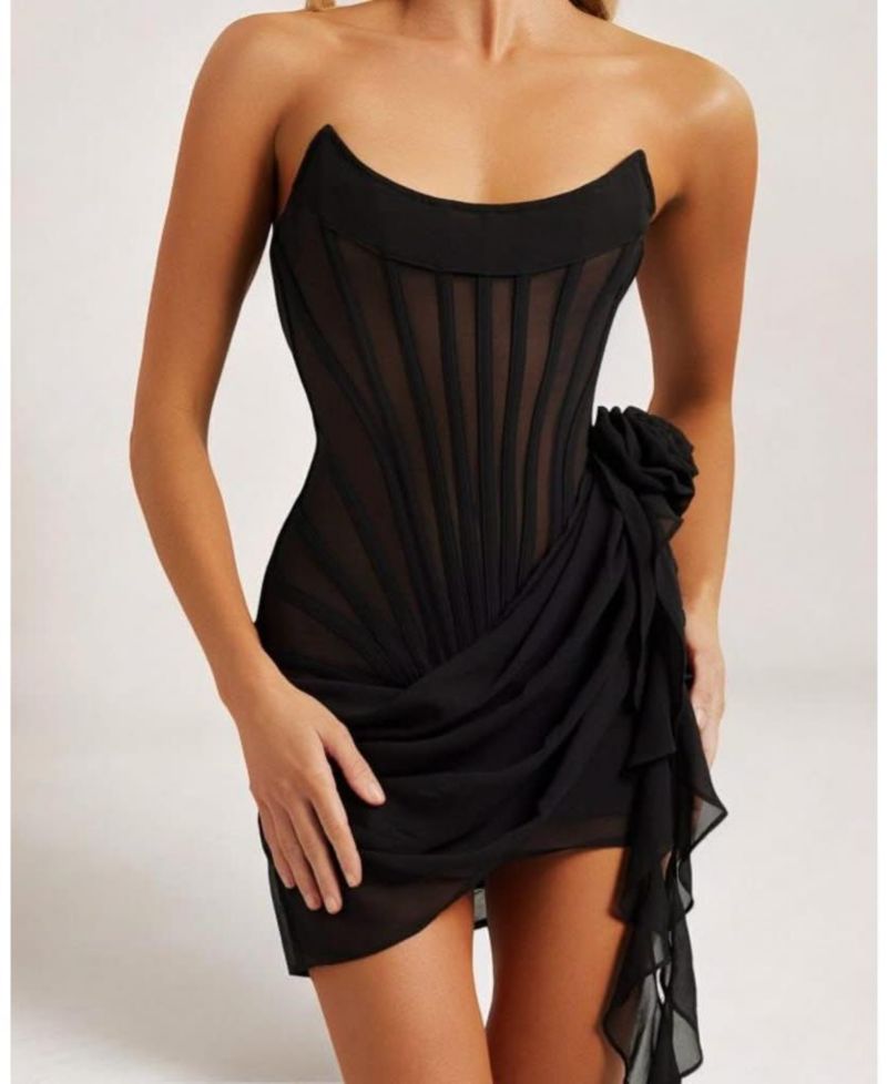 Women's Chiffon Mesh Corset Flower Drape Mini Dress