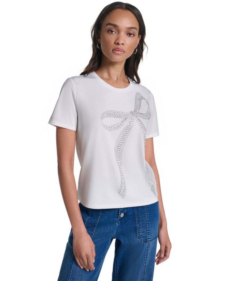 Women's Crystal Bow Rhinestone Short-Sleeve Top