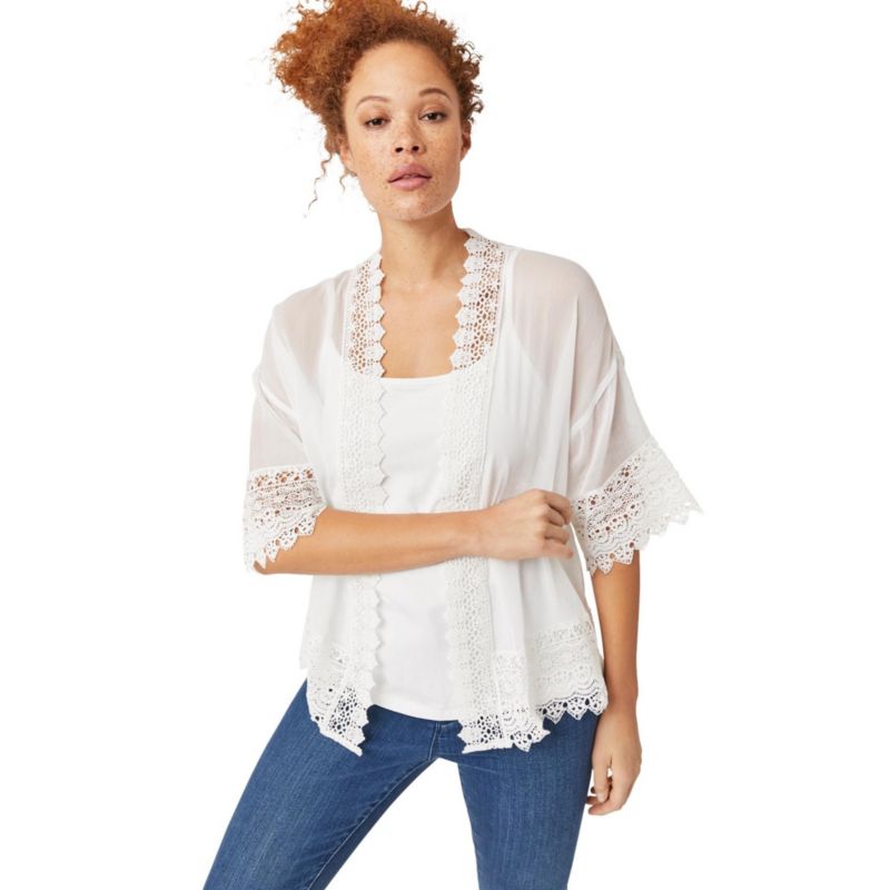 Plus Size Sheer Lace Trim Kimono Cardigan