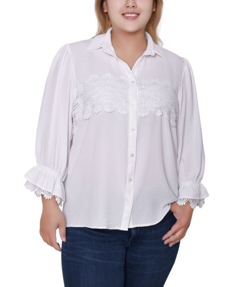 Plus Size 3/4 Sleeve Blouse With Lace Details Top
