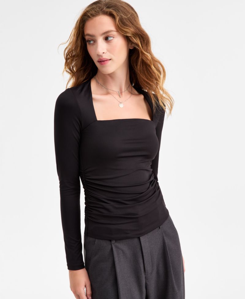 Women's Square-Neck Ruched Knit Top