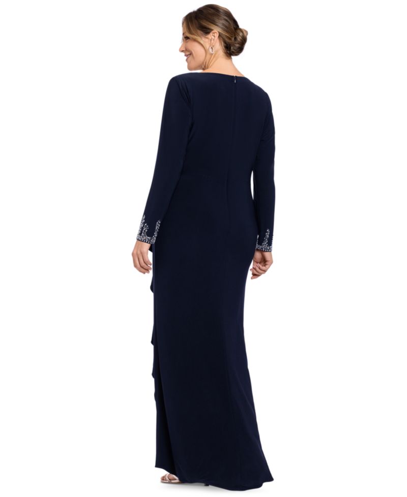 Plus Size Beaded-Sleeve Side-Ruffle Maxi Dress