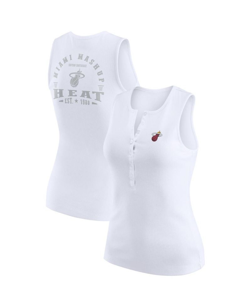 Women's White Miami Heat Rib-Knit Henley Tank Top