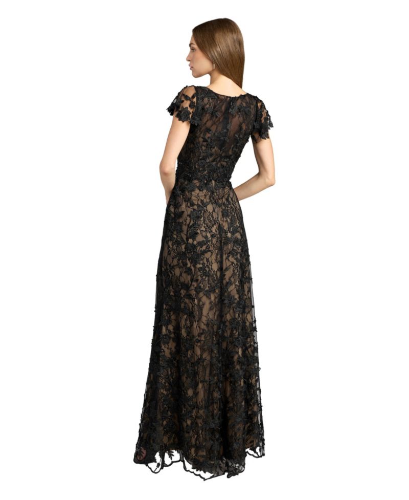 Women's Embroidered Applique Wrap Over Flutter Sleeve Gown
