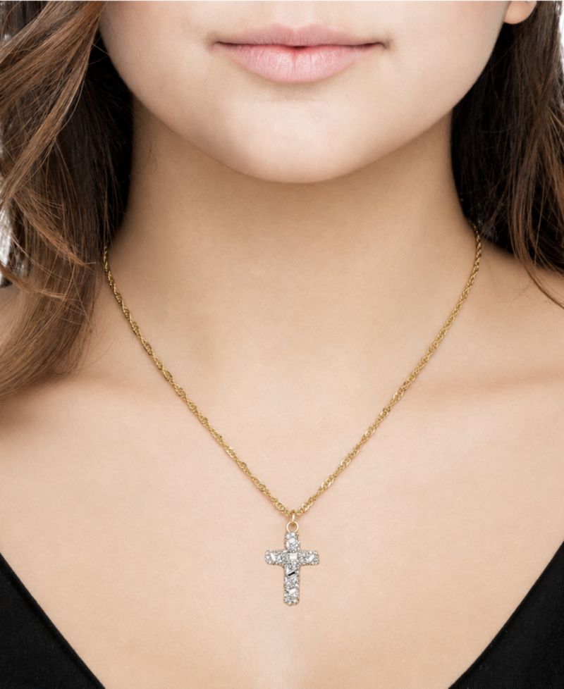 Crystal Gold-Tone Plated Composite Stone Pave Cross Pendant Necklace