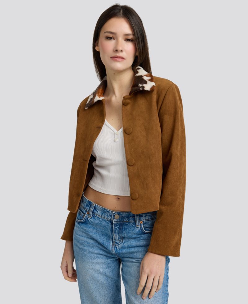 Women's Yumi Pocket Cropped Faux-Suede Cow-Print Collar Jacket