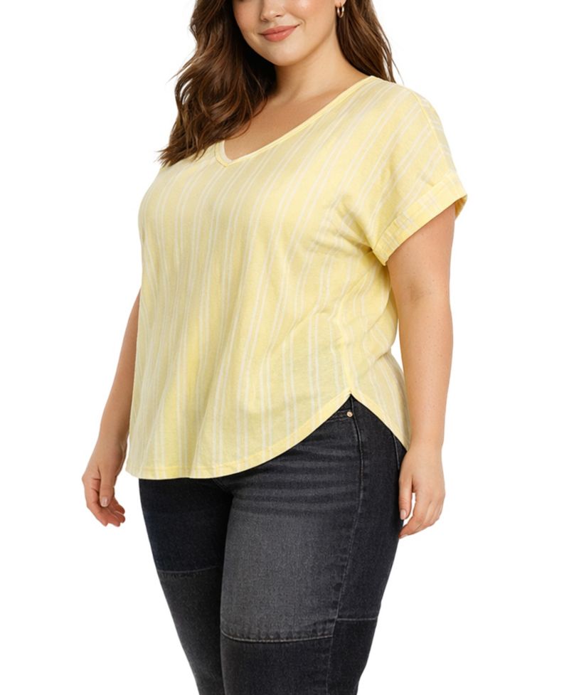 Plus Size Vertical Stripe Rolled-Sleeve Top