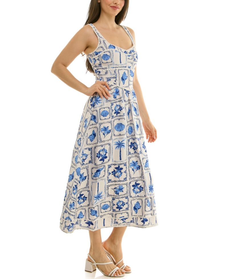 Juniors' V-Neck Printed Midi Dress