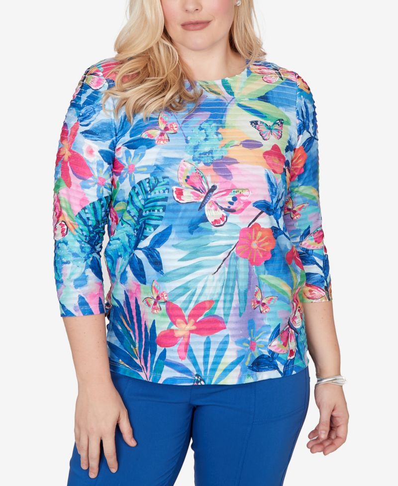 Petite The Royal Treatment Tropical Butterfly Ruffle Textured Top