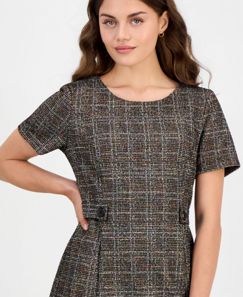 Petite Tweed Plaid Short-Sleeve Shift Dress