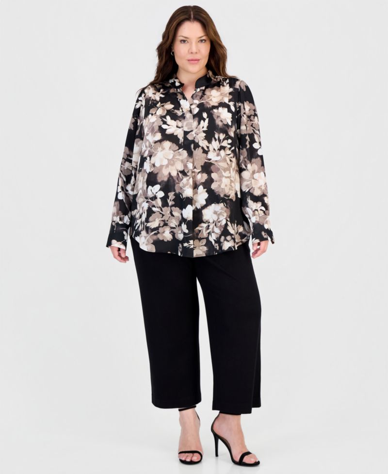 Plus Size Band-Collar Popover Blouse