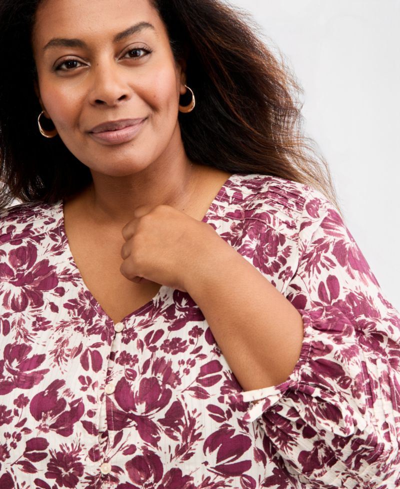 Plus Size Printed 3/4 Sleeve Lurex Top