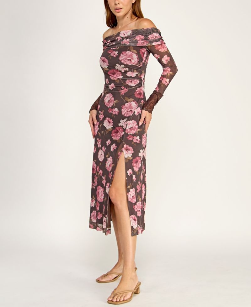 Juniors' Off-The-Shoulder Long-Sleeve Floral Printed Mesh Midi Dress