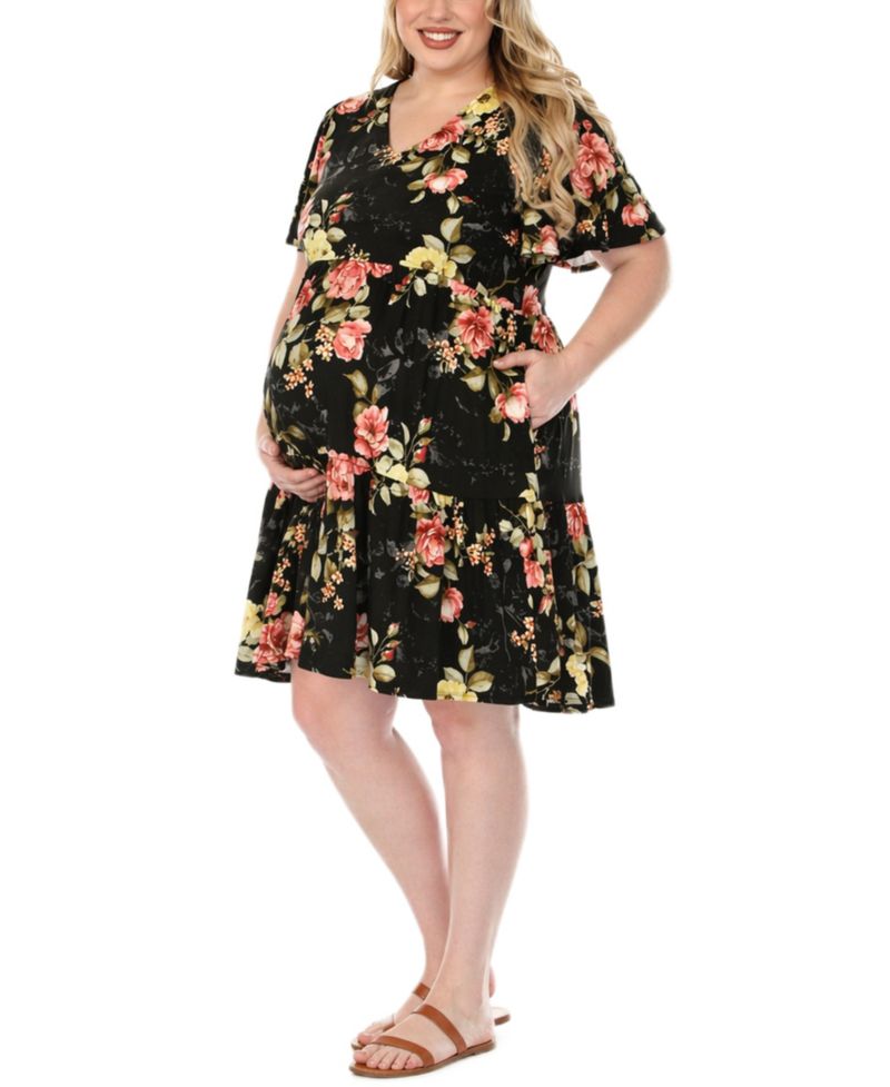 Plus Size Floral Print Short-Sleeve V-Neck Maternity Dress