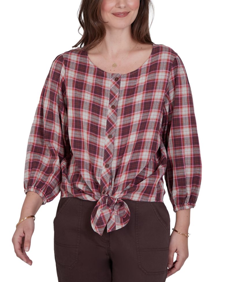 Petite Homestead Plaid 3/4-Sleeve Button-Front Top