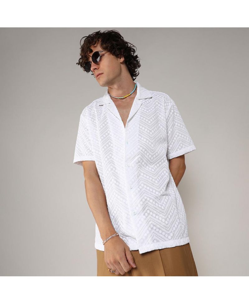 Men's Chalk White Embroidered Zig-Zag Shirt