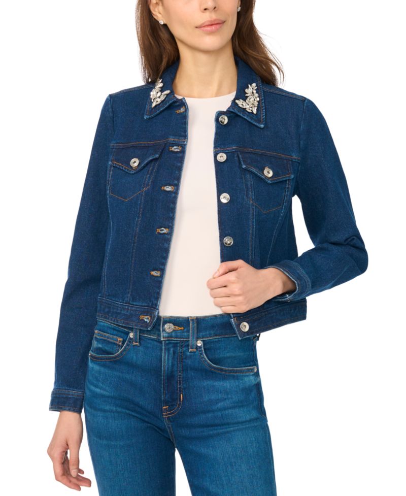 Women's Crystal Collar Puff Sleeve Cropped Denim Jacket