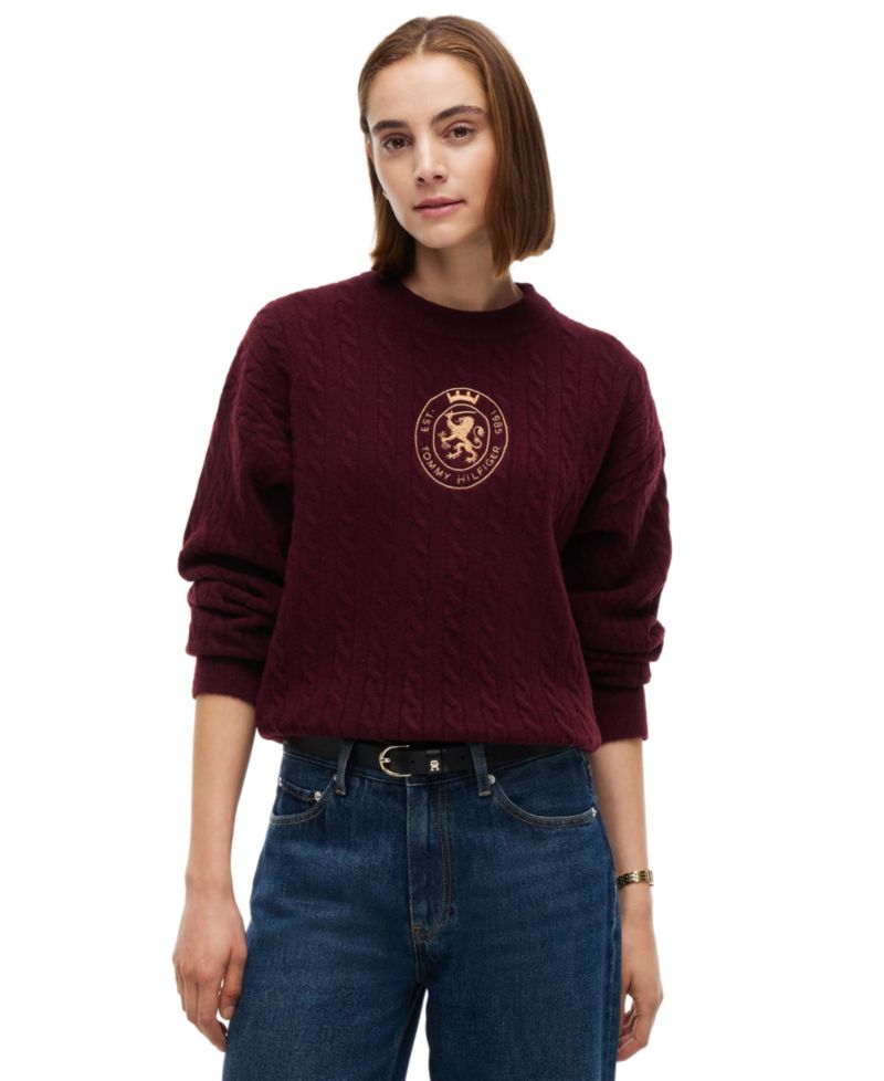 Women's Cable-Knit Crewneck Embroidered Crest Sweater