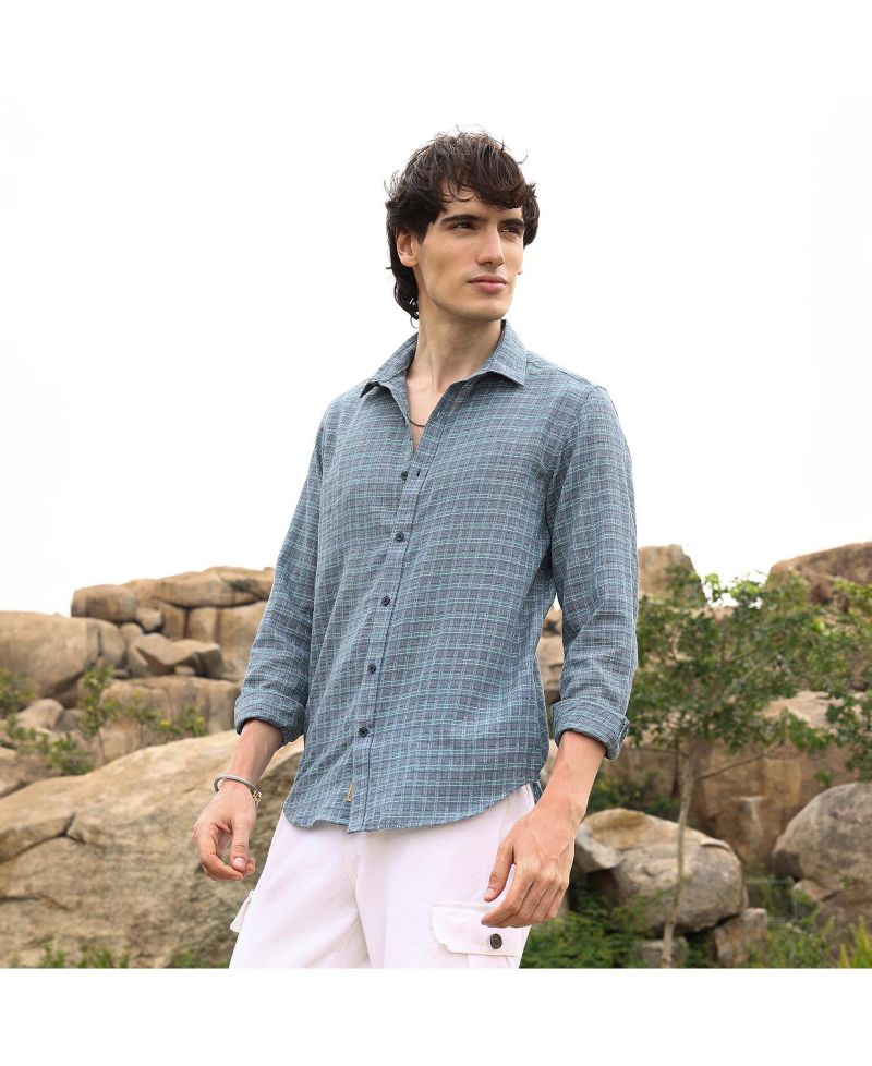 Men's Icy Blue Micro-Tartan Plaid Shirt