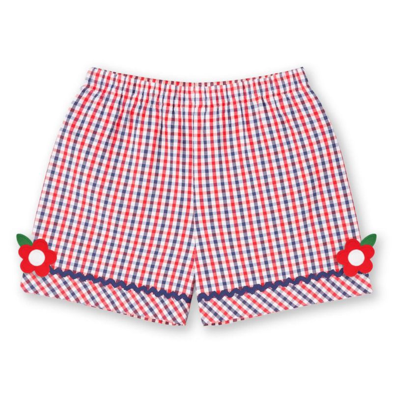 Big Girls Plaid Seersucker Shorts With Ric Rac and Flowers