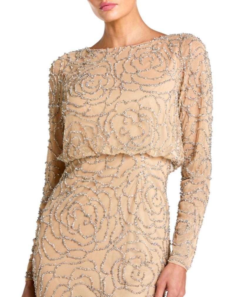 Women's Long Sleeve Floral Beaded Blouson Gown