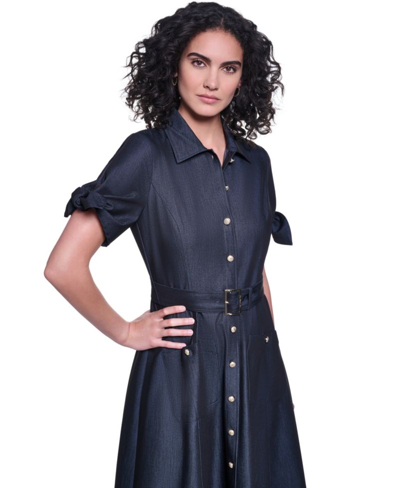 Women's Denim Belted Midi Shirt Dress