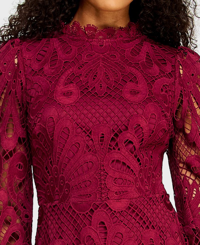 Juniors' Embroidered Lace Dress with Long-Sleeve and Scallop-Hem