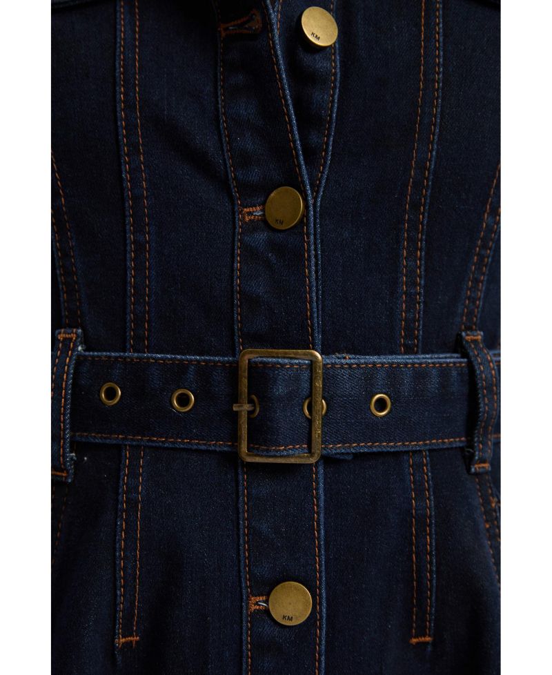 Women's Button Up Belted Denim Midi Dress