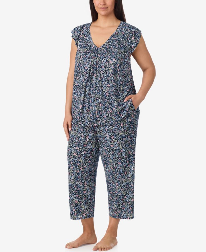Plus Size V-Neck Flutter-Raglan Sleeve Top and Cropped Pant Set