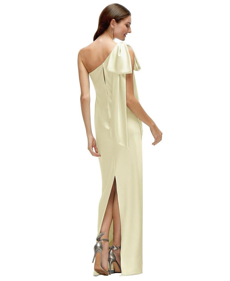 Women's One-Shoulder Bias-Cut Satin Maxi Dress with Cascading Shoulder Bow