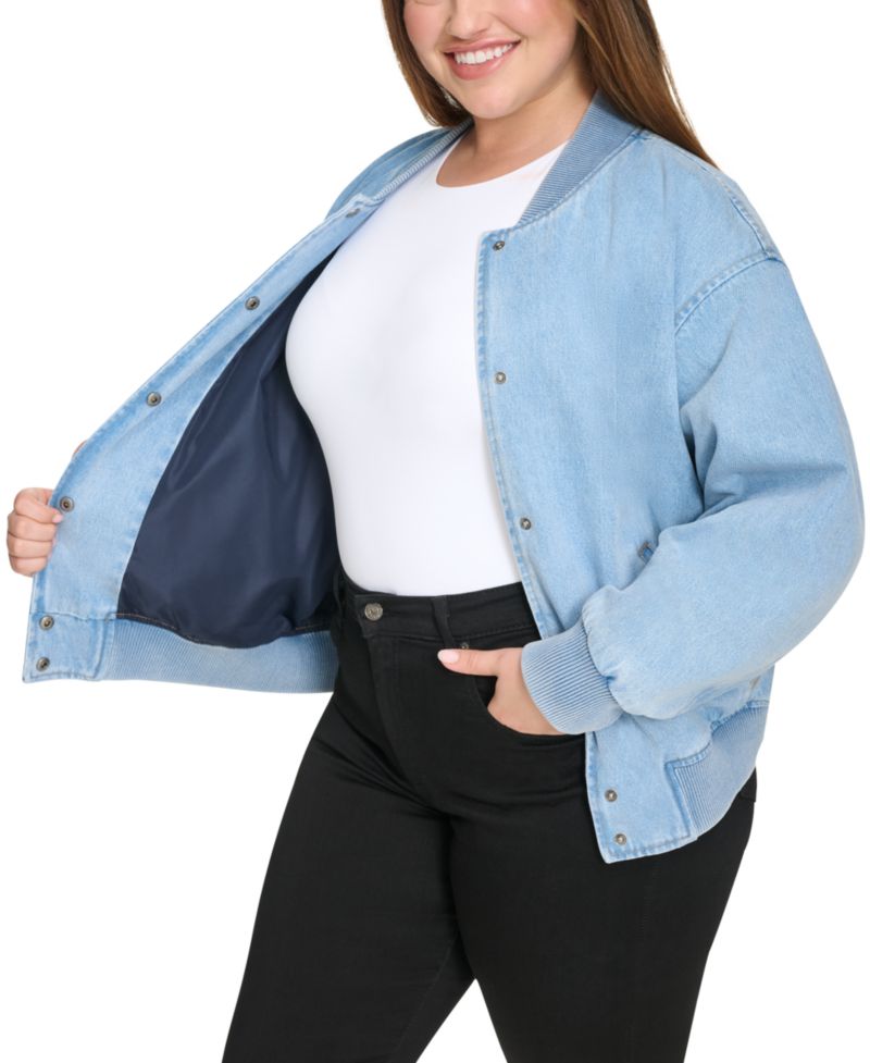 Plus Size Varsity Cotton Denim Bomber Jacket