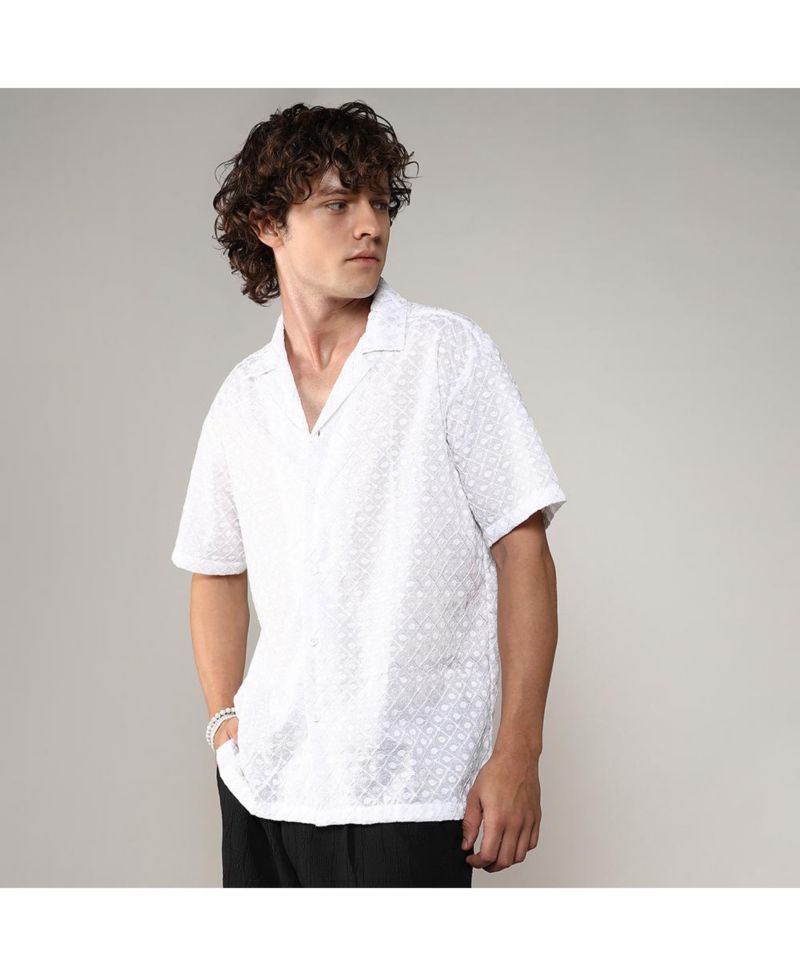 Men's Chalk White Embroidered Circular Shirt
