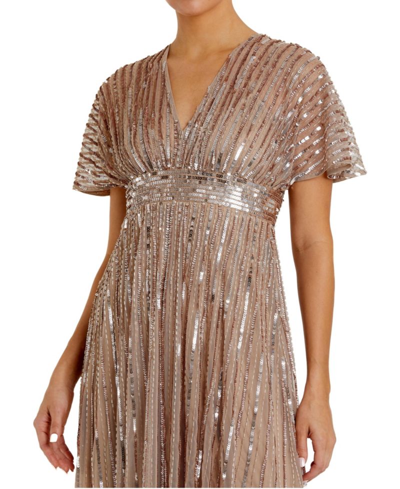 Women's Embellished Mesh V Neck Short Sleeve Gown
