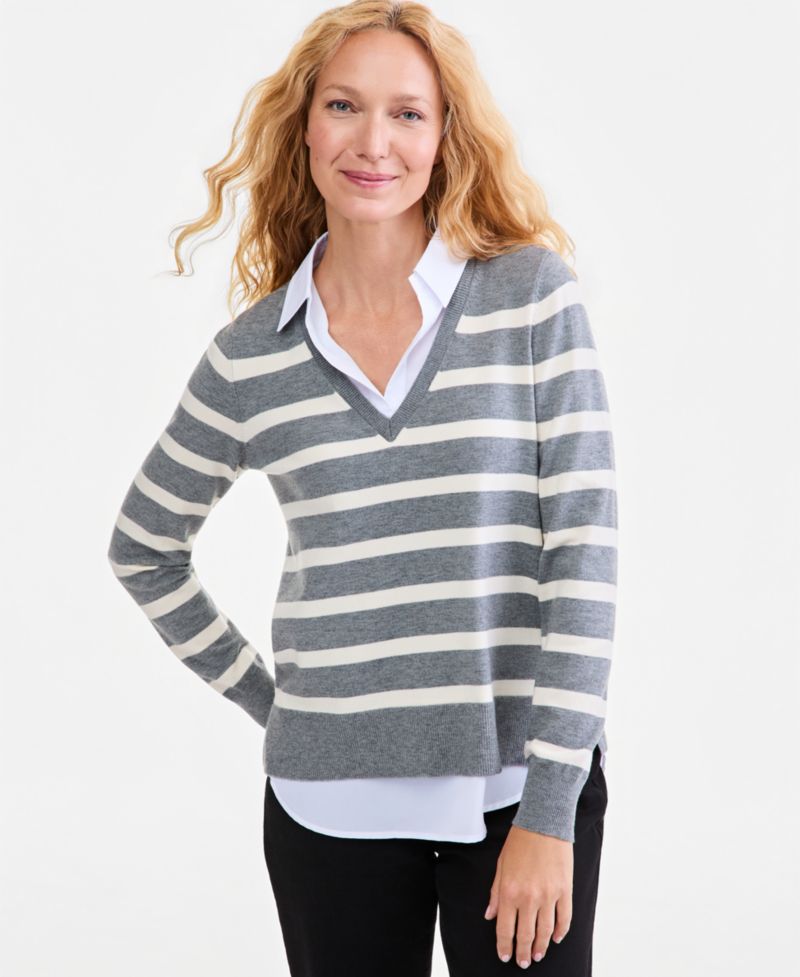 Petite Two-Fer Striped V-Neck Sweater
