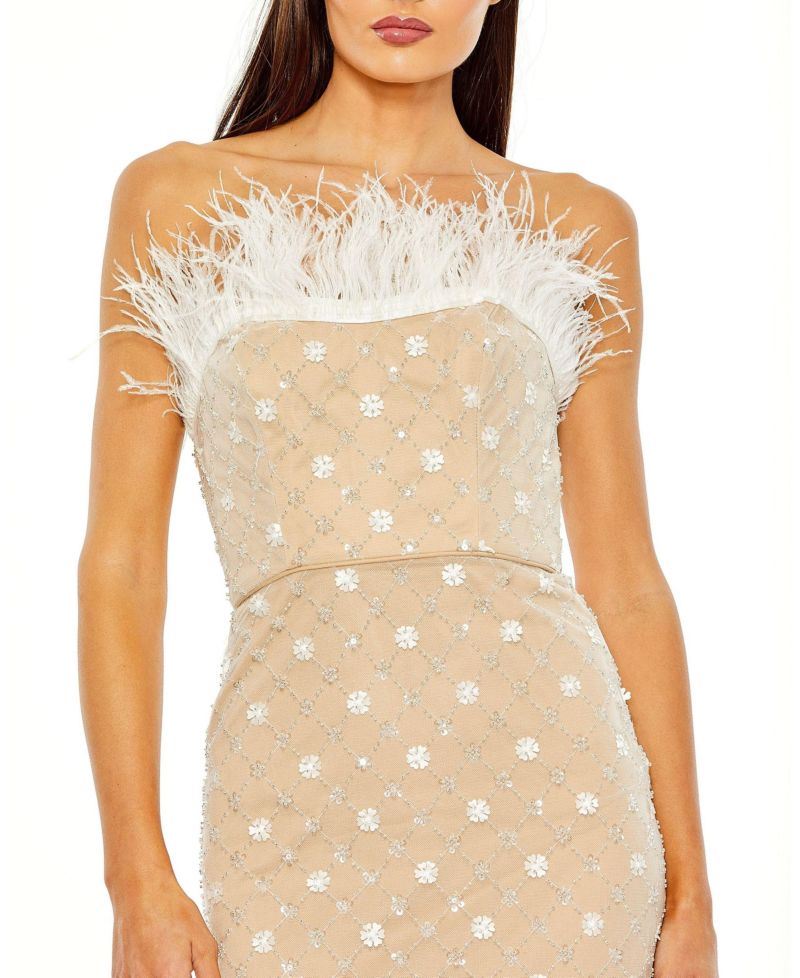 Women's Floral Embellished Mesh Gown with Blouson Bodice and Fitted Skirt