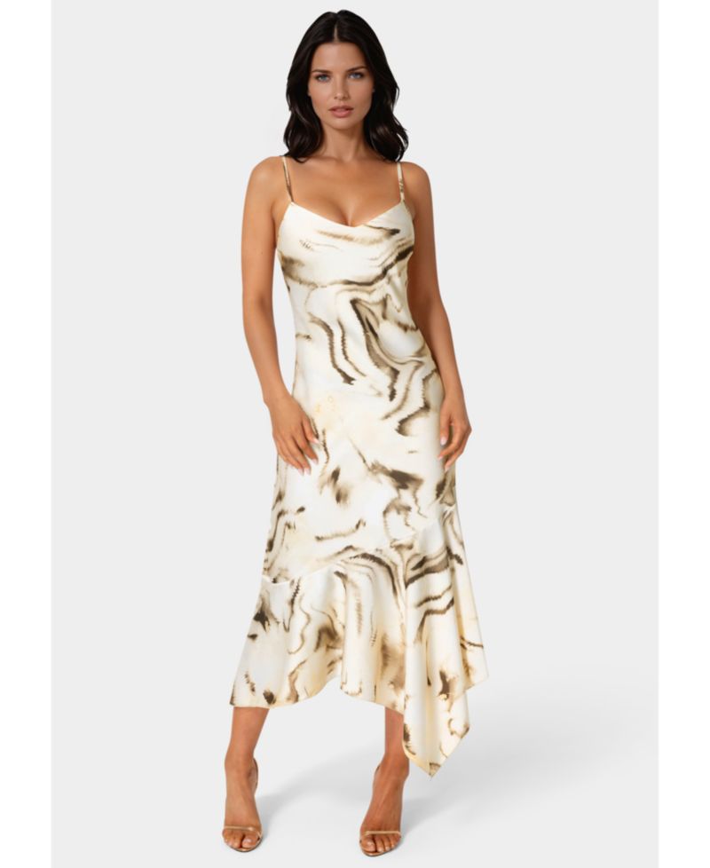 Womens Printed Satin V-Neck Hanky Dress