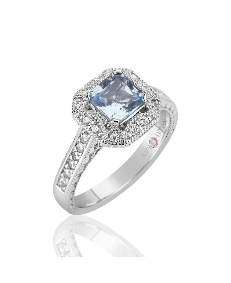 Suzy Levian Sterling Silver Assher Cut Cubic Zirconia Aquamarine Center Stone Ring