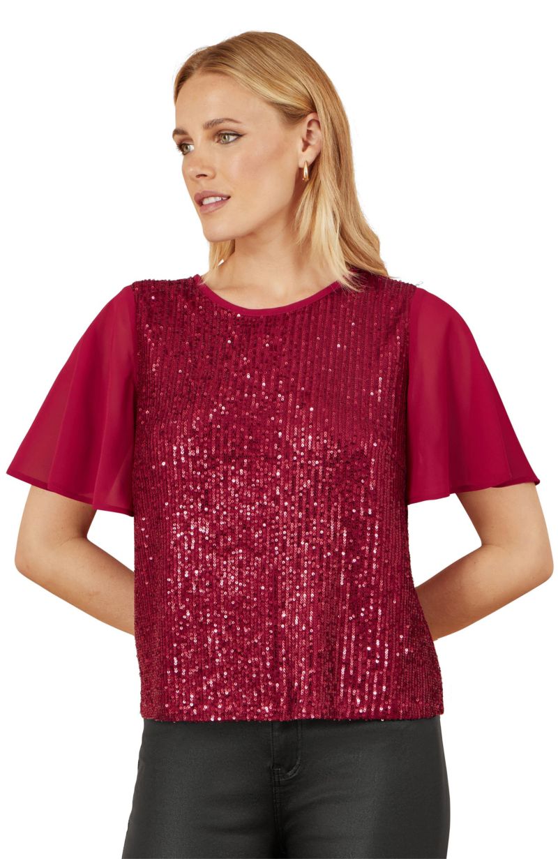 Women's Sheer Sleeve Sequin Top