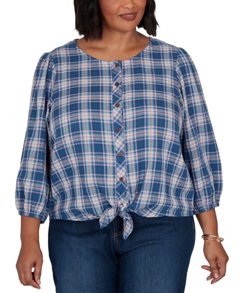 Plus Size Homestead Plaid 3/4-Sleeve Button-Front Top