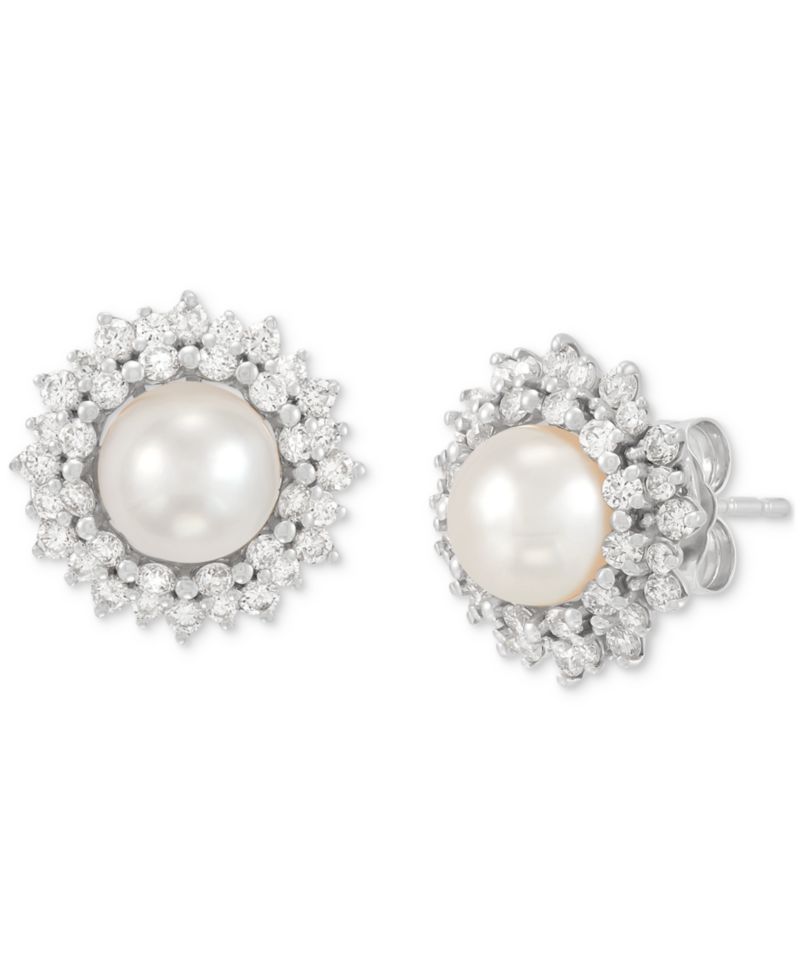 Cultured Freshwater Pearl (6mm) & Lab Grown Diamond (3/4 ct. t.w.) Halo Stud Earrings in 14k White Gold
