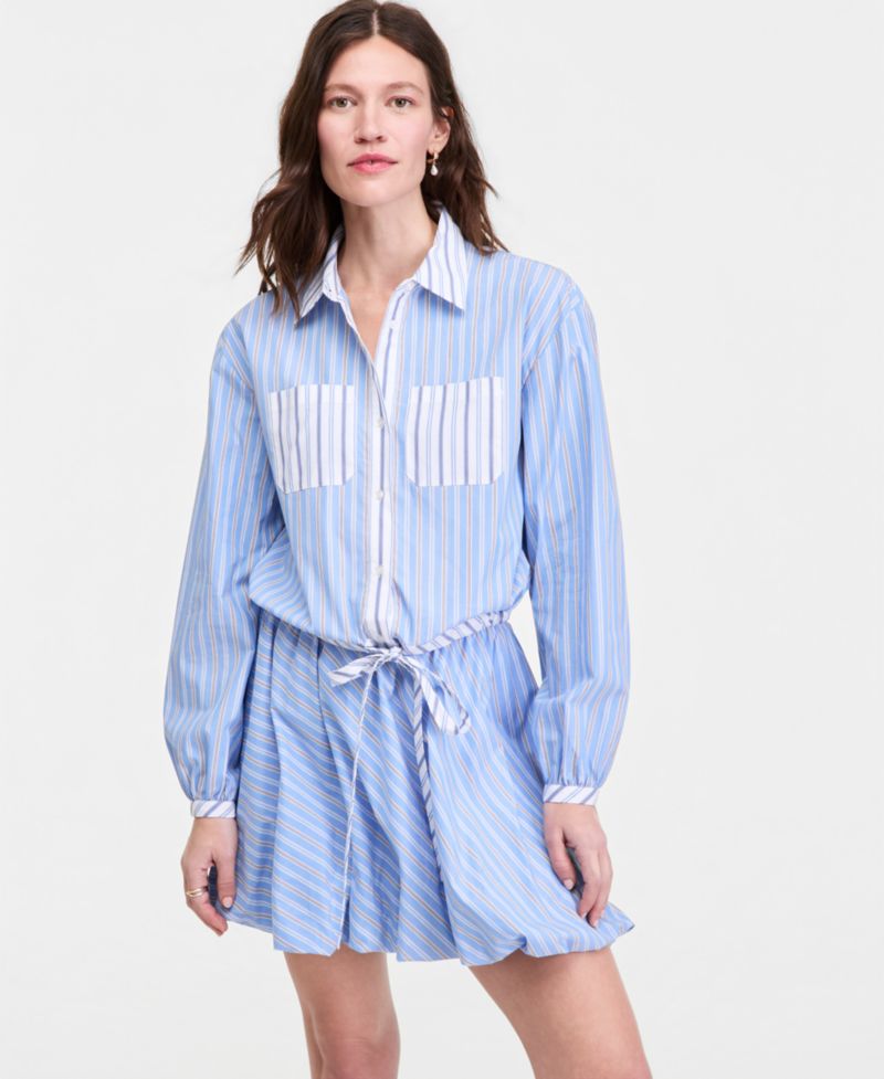 Women's Stripe Tie-Hem Long Sleeve Cropped Shirt