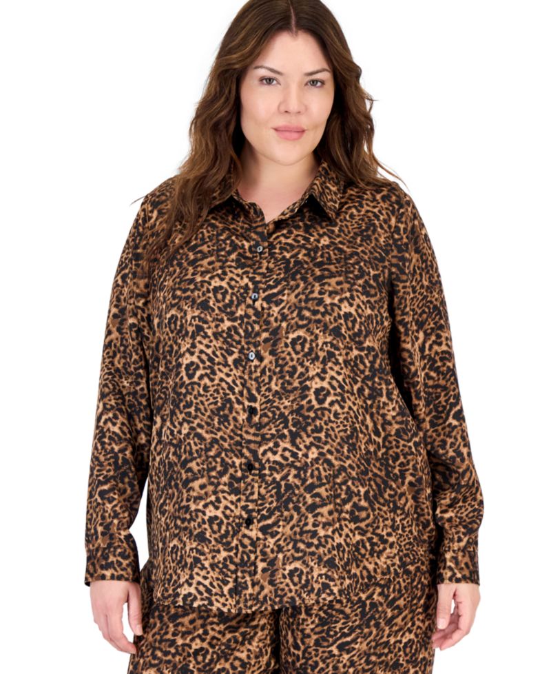 Plus Size Long-Sleeve Leopard-Print Blouse