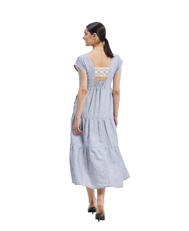 Women's Gathered Tiered Dress with Front-ties - Linen stripes