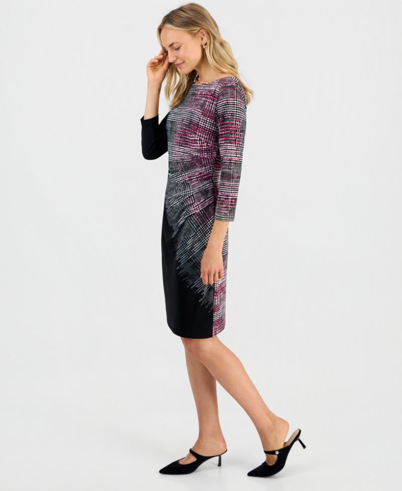Petite Boat-Neck Side-Pleat 3/4-Sleeve Dress