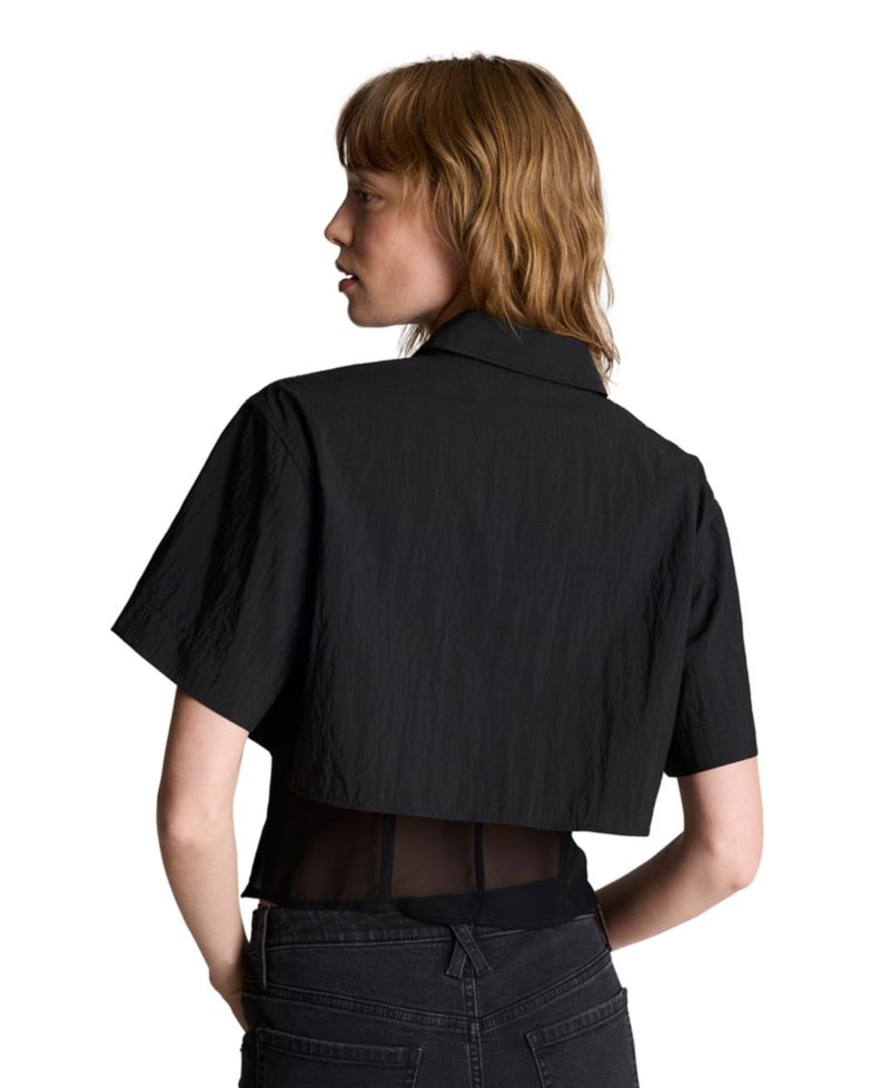 Women's Short Sleeve Cropped Boxy Button-Down Shirt with Corset Underlayer