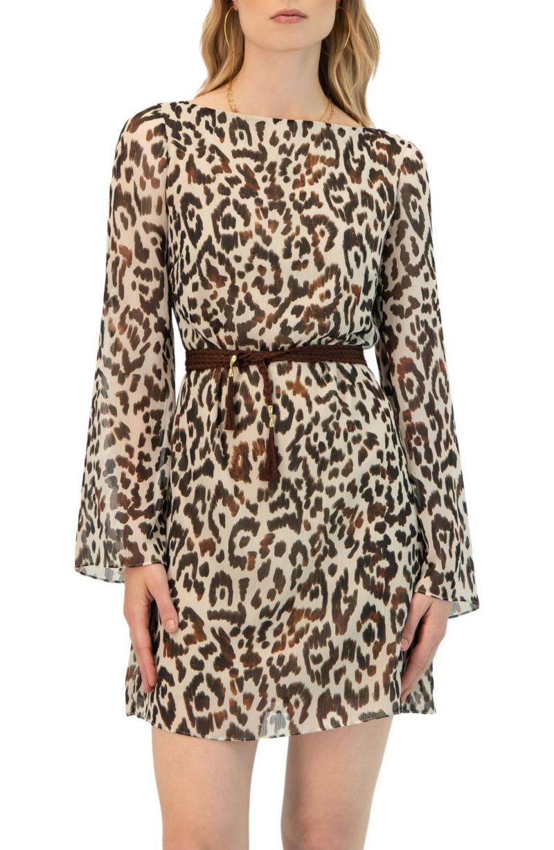 Women's Short Animal Print Dress with Waist Tie
