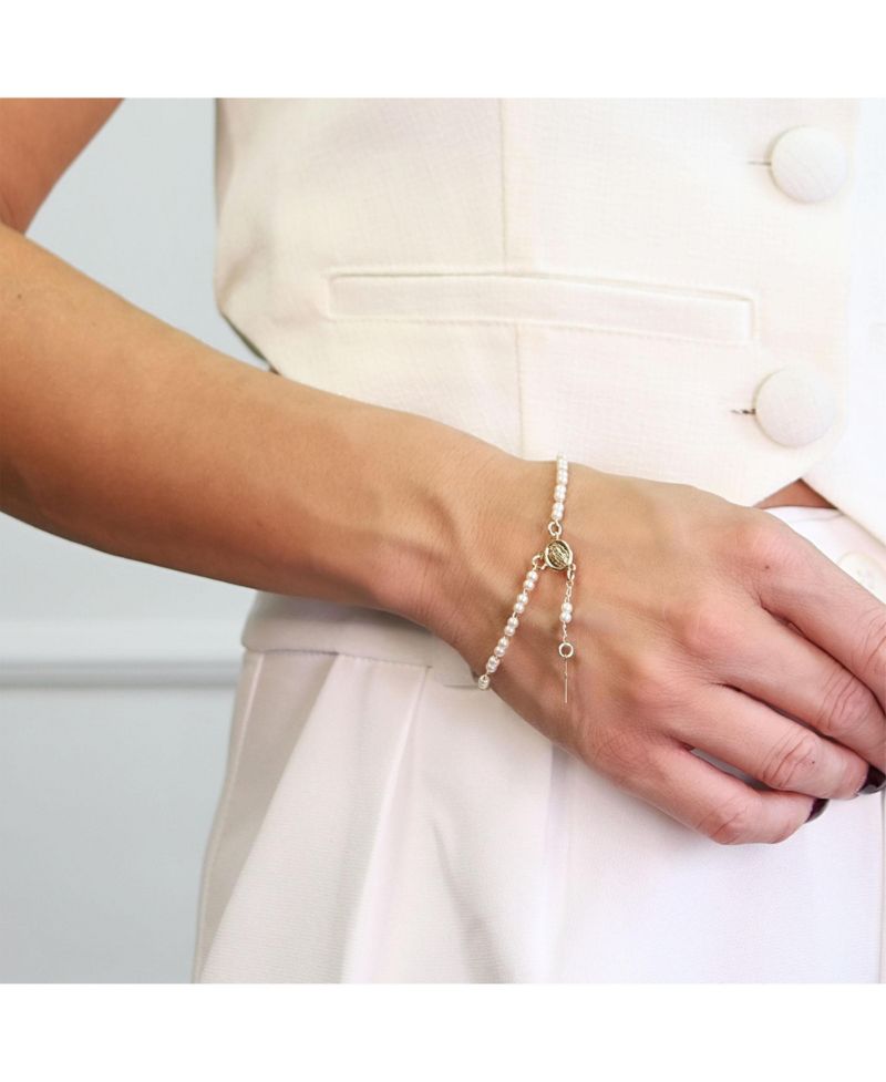 Dainty White Faux Pearl Prayer Rosary Religious Bracelet Yellow Gold Plated