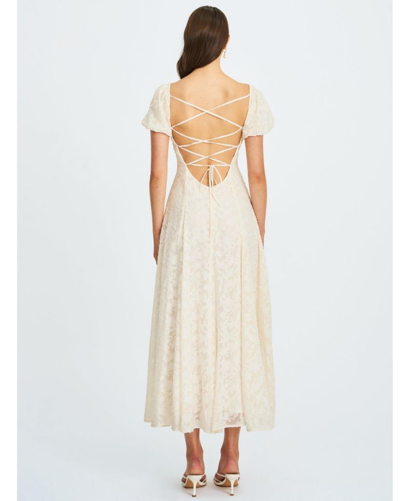 Women Pandora White Bubble Sleeve Backless Maxi Dress