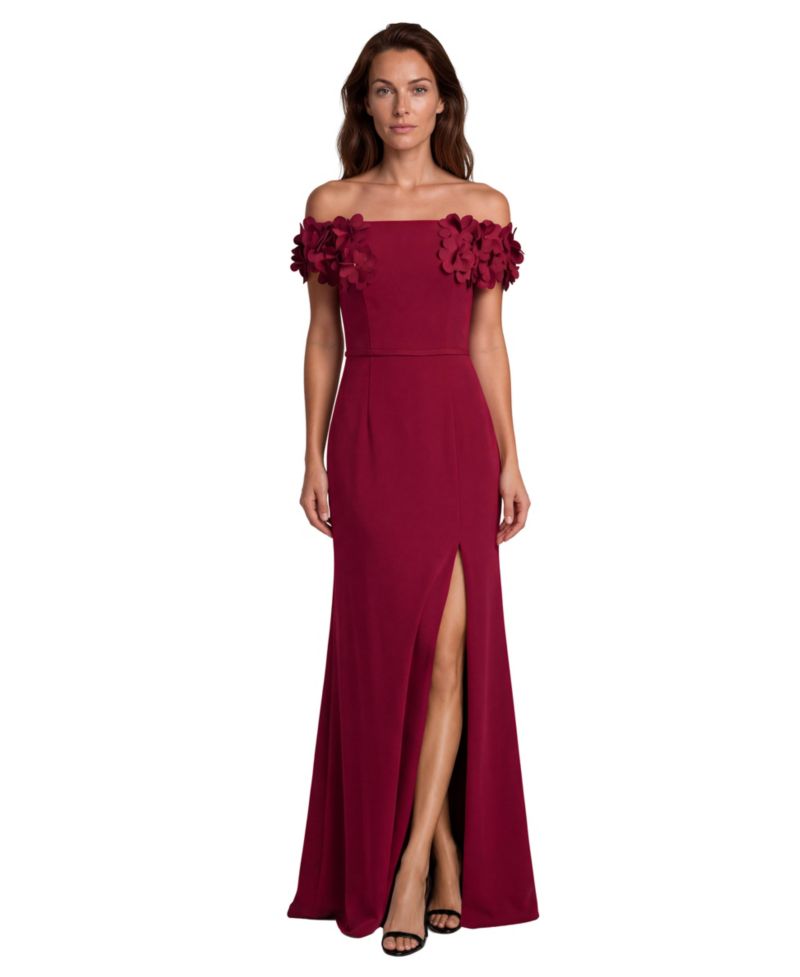 Women's Off The Shoulder Crepe Fit and Flare Gown with Front Slit and 3D Floral Appliques