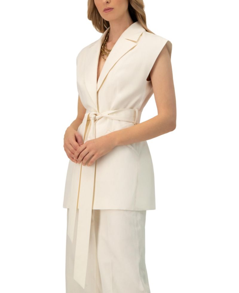 Women's Single-Breasted Linen Vest with Waist Tie